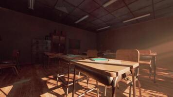 CGI Abandoned classroom with wooden desks illuminated by soft sunlight video
