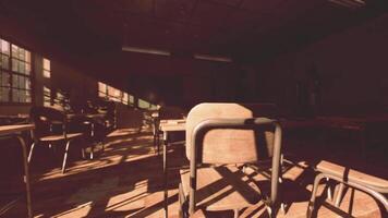 CGI Abandoned school classroom filled with shadows from late afternoon sunlight video