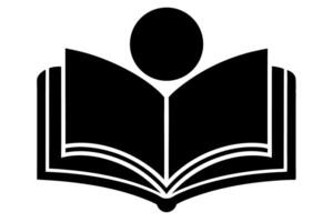 A black and white icon of a book with a person inside vector