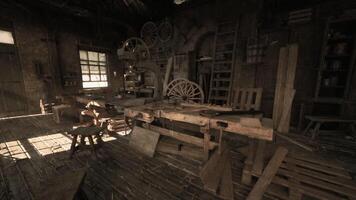 CGI Historic carpentry workshop featuring vintage tools and rustic wooden furniture video