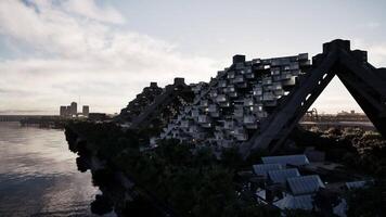 CGI Modern architectural buildings along the river with a city skyline backdrop video