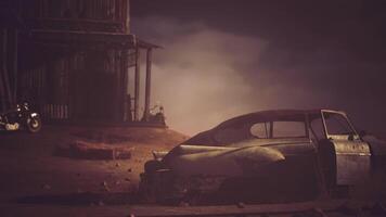 CGI Abandoned vintage car rests near a rustic building in a dusty landscape video