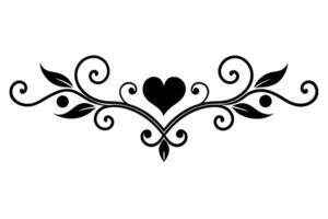 A black and white heart with swirls and leaves vector