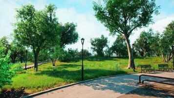 CGI Peaceful park landscape with walking path and benches on a sunny day video