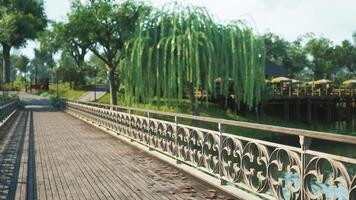 CGI A peaceful wooden bridge surrounded by willow trees in a sunny park video