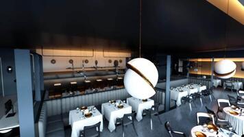 CGI Stylish empty restaurant interior with modern decor and elegant tables video