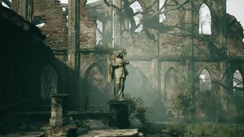CGI Abandoned ruins with a statue in a misty forest during early morning light video