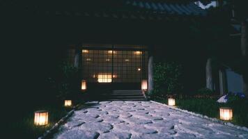 CGI Illuminated pathway leading to the shoguns residence in Japan at night video
