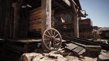 CGI Detailed view of a rustic wooden structure with a vintage wagon wheel video