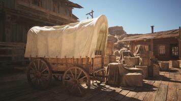 CGI Old wooden wagon with a white cover in a rustic western town setting video