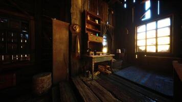 CGI Cozy rustic workspace interior with a wooden desk and sunlight streaming in video