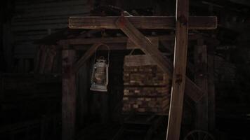 CGI Dark wooden structure with an old lantern hanging, set in a rustic location video