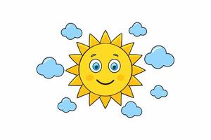 Cartoon sun with clouds and smiley face vector