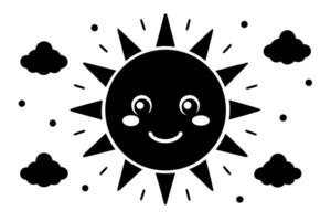 A black and white sun with clouds and a smile vector