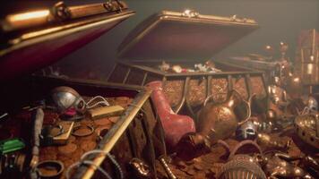 CGI Golden treasures discovered in a hidden dungeon at dusk video