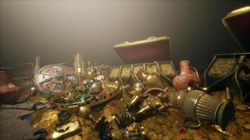 CGI Golden treasures resting in a hidden dungeon under mystical starlight video