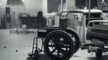 CGI Exploring an abandoned and destroyed hospital room with medical equipment video