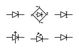 Collection of diode icons for electronics, including LED and standard diodes for circuit diagrams. vector