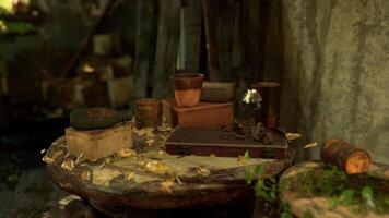 CGI Rustic table cluttered with various containers and debris in a dimly lit space video