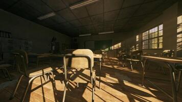 CGI Abandoned school classroom with empty desks and sunlight streaming in video