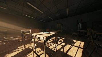 CGI Abandoned school classroom bathed in sunlight with empty desks and chairs video