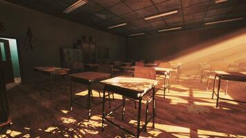 CGI Abandoned school classroom with sunlight streaming through dusty windows video