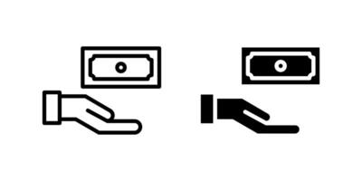 Money icon set showing hand offering currency for transaction, salary, or donation usage vector