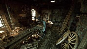 CGI Old carpentry workshop filled with vintage tools and wooden furniture remnants video
