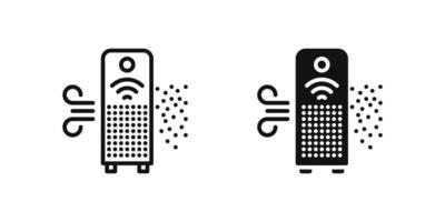 Air purifier icon set illustrating smart device for air filtration and quality control in IoT homes. vector