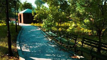 CGI A peaceful pathway through the park with benches and greenery on a sunny day video