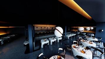 CGI An empty modern restaurant with elegantly set tables in the evening video