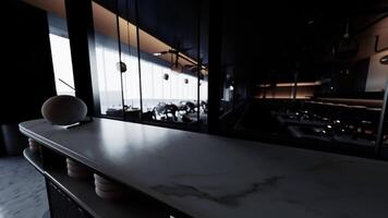 CGI An empty upscale restaurant interior with a scenic view during twilight video