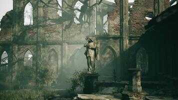 CGI Abandoned stone structure with an angel statue at sunset in a haunted landscape video