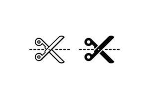 Cut Here Icon Set. A black icon of scissors with a cut line, representing cutting. vector