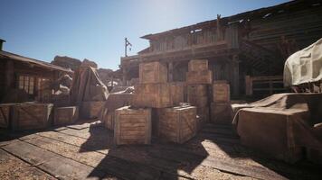 CGI Stacked wooden crates beside an old western style building in daylight video