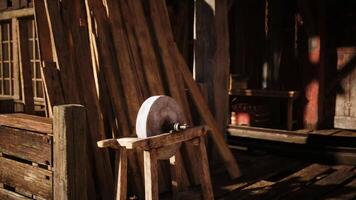 CGI A rustic woodshop with a grinding wheel under warm afternoon light video
