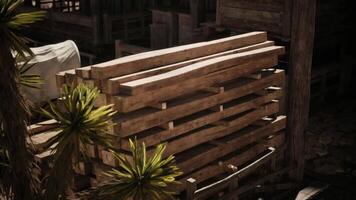 CGI Wooden pallets stacked near a rustic structure in a sunlit outdoor area video