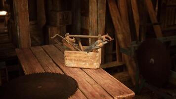 CGI Rustic wooden toolbox filled with vintage tools in a workshop setting video