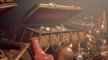 CGI Golden treasures hidden within a secret dungeon chamber video