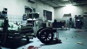 CGI Abandoned and destroyed hospital room with overturned wheelchair and debris video