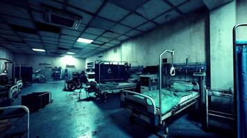 CGI Abandoned and destroyed hospital interior with empty beds and debris video
