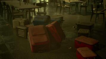 CGI Abandoned airport terminal with scattered luggage and empty chairs at dusk video