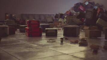 CGI Abandoned airport terminal filled with discarded luggage and debris video