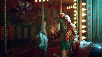 CGI Empty amusement park at night featuring deserted carousel with vintage horses video