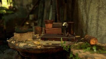 CGI An old rustic table surrounded by nature with tools and pots during daylight video