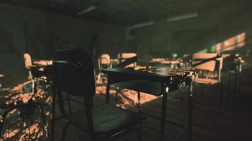 CGI Abandoned school classroom with empty desks and fading light at dusk video