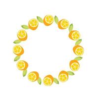 Round Lemon frame. Simple yellow Lemon slice Wreath with green Leaves. Slice of citrus and foliage. Decoration element for cards and seasonal decor, menu. flat illustration. vector