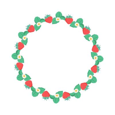 Round strawberry frame. Simple red strawberry wreath. Round seasonal berry border. Garden decoration. Floral wreath. Summer background For poster, banner, cover, invitation. flat illustration.