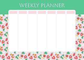 Weekly planner with red strawberry lemonade pattern. Berry, ice cube and foliage on green background. Lifestyle planner for 7 days. Schedule design template. flat illustration vector