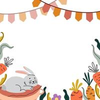 Cute flat frame with sleeping bunny, vegetables and festive element. Great for card, banner, invitation, seasonal print. Hand-drawn style, playful and bright design. vector